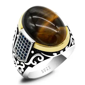 Genuine sterling silver antique Turkish ring with stone tiger eye men's colorful punk rock jewelry