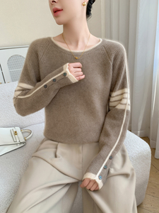 Camiseta de Tricô com Fivela de Laço e Decote Redondo em Cashmere para Mulheres, Outono e Inverno - Product Image 4