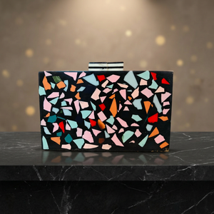 Luxury Handmade Resin Clutch <b>Bag</b> With Colorful Mosaic Pattern <b>Black</b> Base Rectangular Shape <b>Evening</b> Purse For Women Unique Style - Product Image 1