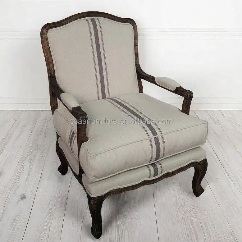 Cadeira de braço antiga de madeira em tecido de linho para sala de estar, mobília provincial francesa clássica