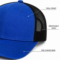 Casquette de baseball trucker bleu roi personnalisée, dos en maille noire, devant en mousse, fermeture snapback, visière incurvée réglable, vente en gros, OEM, faible MOQ