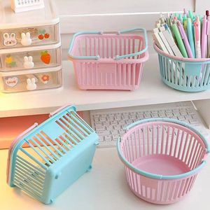 Macaron Color Blocked Desktop Storage Basket With Handles Plastic Round For Stationery Organizing Student Dormitory Use - Product Image 2