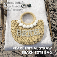 Sac de plage en paille personnalisé avec initiale perlée, deux poignées, fermeture à cordon, doublure en polyester, luxe, mariée, été