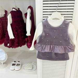 Tongxingyuan Girls Winter Outfit Purple Rhinestone Top Fleece Lined Midi Skirt Set Thickening Cotton Children's Clothing - Product Image 2