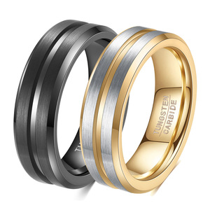 Tungsten Carbide <b>Ring</b> 6.8MM Two Tone Brushed Geometric Design For <b>Men</b> Wedding Band - Product Image 1
