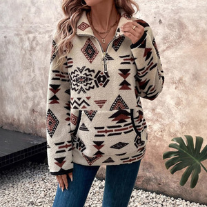 Wholesale 2025 New Khaki <strong>Women's</strong> Casual <strong>Sweatshirt</strong> <strong>Quarter</strong> <strong>Zip</strong> Elastic Cuffs Geometric Printed Anti-Shrink Autumn Nonwoven - Product Image 2