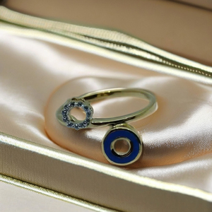 22K Pure Gold Adjustable <b>Open</b> <b>Ring</b> with Blue Enamel Circular Design | Handmade Minimal Gold Finger <b>Ring</b> for Women - Product Image 2