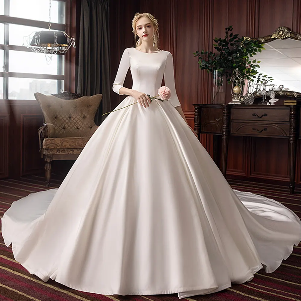 knee length dresses for ladies Long Sleeve Satin Ball Gown Wedding Dress 8 US / Off White