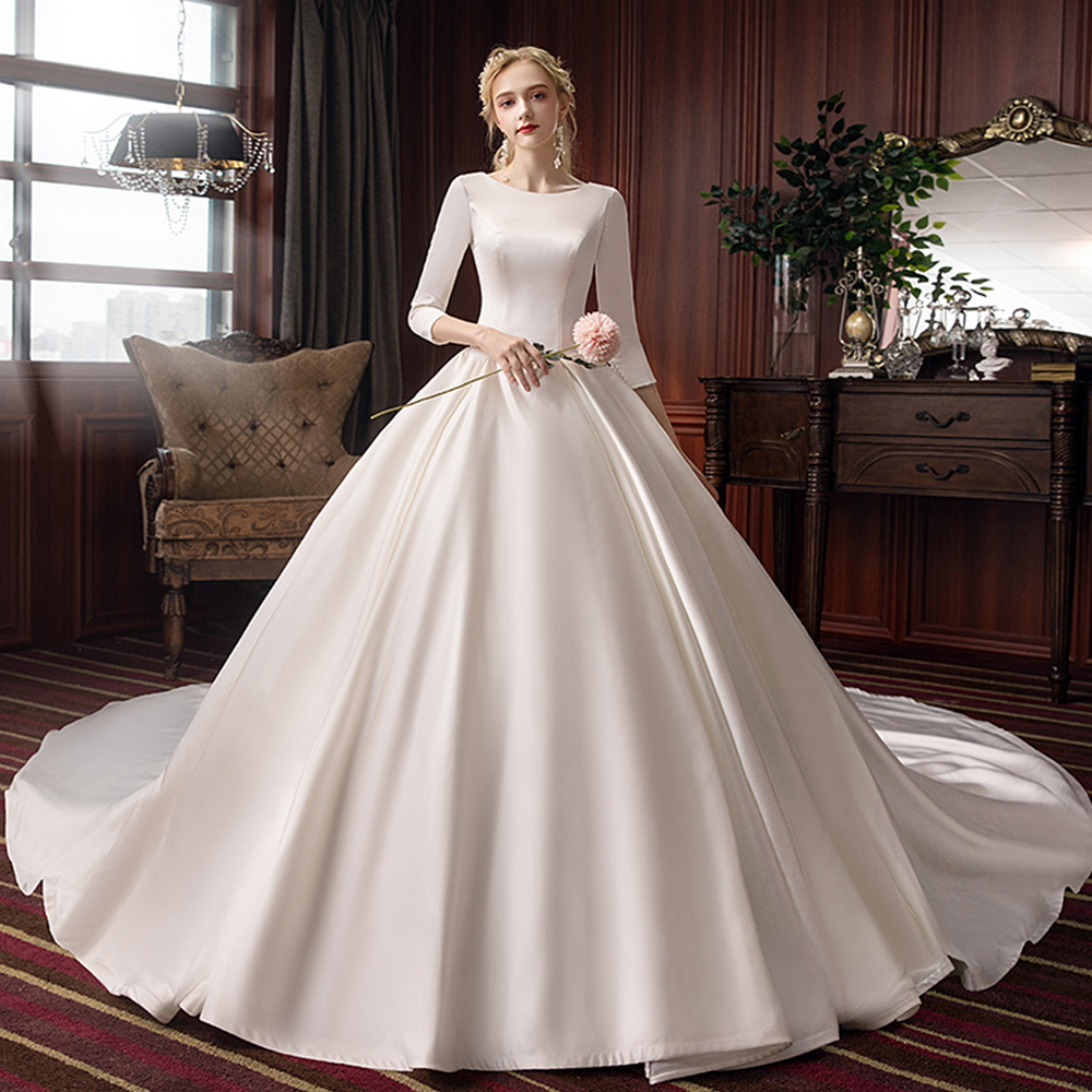 chinese dress ladies Elegant Crew Neck Long Sleeve A-Line Wedding Dresses with Pocket Ivory / 4