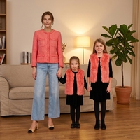 Tenues assorties pour maman et moi, veste élégante en tweed rose corail pour femmes et filles, ensemble robe et gilet en fausse fourrure, vêtements d'hiver pour la famille