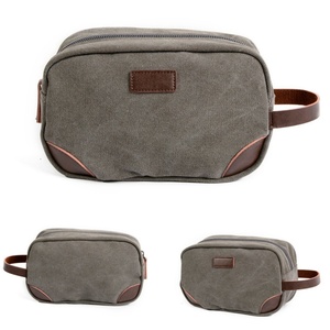Wholesale Vintage Style Men's Travel Dopp Kit Shaving Bag Water Resistant Canvas Leather Makeup Pouch with Zipper Closure - Product Image 3