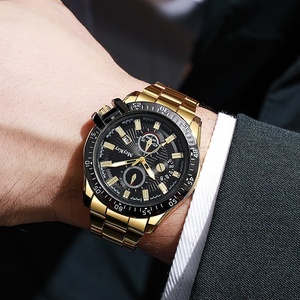 Nuevos <span class=keywords><strong>Relojes</strong></span> de Hombre de Moda con Calendario de Tres Ojos, de Cuarzo, de Aleación, de 40.5mm, Venta al por Mayor, Esfera Dorada - Product Image 4