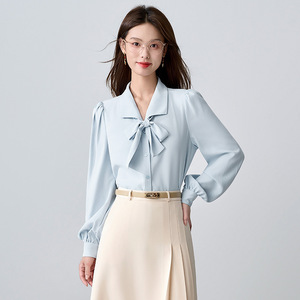 <b>White</b> Satin Blouse With Bow Tie Long Sleeve Women's Office Shirt For Work And Interview - Product Image 4