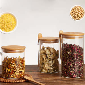 Bocal à Épices en Verre Borosilicate Rond Soufflé à la Main 15oz, Qualité Alimentaire, Transparent, avec Couvercle en Liège et Bambou, et Cuillère - Product Image 5