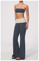 Conjunto de Yoga Efecto Segunda Piel de Fábrica, Top Tubo con Bloques de Color, Leggings Acampanados con Cintura Plegable, Control de Abdomen, Efecto Levanta Glúteos, Secado Rápido, Conjuntos de Gimnasio
