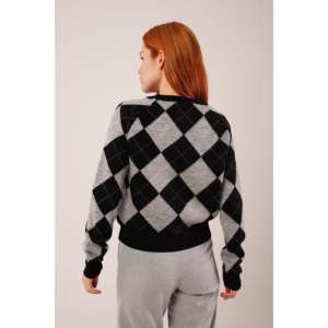 Pull gris pour femme à motif baklava, manches longues, anti-boulochage, décontracté, tricot 14 Gg - Product Image 1