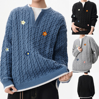 Pull Homme Faux Deux Pièces Confortable Style Rétro Décontracté Printemps-Automne avec Broche Fleur Amovible et Couleurs Contrastées