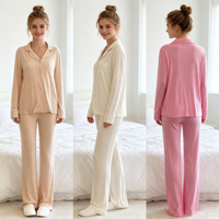 Piyama Kasual Bergaris Terbaru Bahan Modal Polos Lengan Panjang Celana Bernapas Musim Semi Gugur Pakaian Tidur Wanita Bahan Bambu