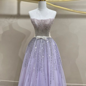 JFH89 Vestidos de Noche Vintage con Cuello Barco Brillante, Lentejuelas Moradas, Lazo de Cristal, Cintura Natural de Gasa, Corte A y Cola Capilla - Product Image 3