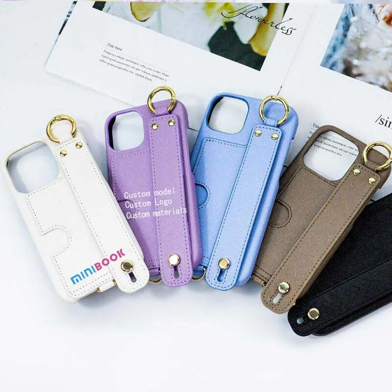 Minibook Custom Leather crossbody with card Retail card sliding wrist strap lanyard wallet phone case For Iphone 14