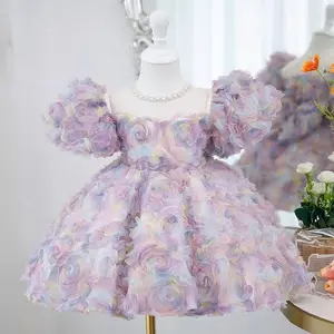 فستان أميرات للأطفال بطراز جديد للفتيات فساتين حفلات ثلاثية الأبعاد بنقشة الورد للفتيات