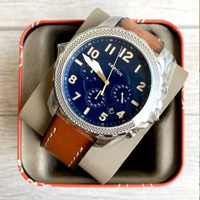 Valerius Jam Tangan Chronograph Kuarsa Pria 46Mm Jam Tangan Olahraga 3BAR Tanggal Bercahaya Tali Coklat Dial Biru Laut Bulat
