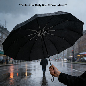 Parapluie d'affaires pliable automatique à 10 baleines en tissu haute densité avec bande réfléchissante, poignée en bois dépoli simple et logo imprimable - Product Image 5