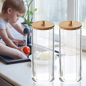 Acrylic Storage Box Bathroom Jar Makeup Organizer Cotton Round Pad Holder Cotton Swab Box Dispenser With Bamboo Lid