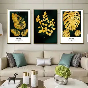 custom abstract still life painting golden leaf canvas prints 3 pieces modern painting wall art home decor