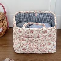 Panier de rangement matelassé en tissu à motif floral vintage avec poignée, organiseur de cosmétiques portable pour bureau, panier à linge domestique