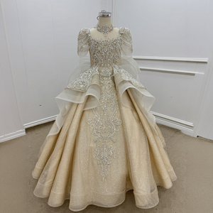 Robe de demoiselle d'honneur Wn1798 Champagne, style princesse, ornée de perles, longueur ras du sol, col montant, 100% Polyester, pour mariage d'enfants avec traîne - Product Image 2