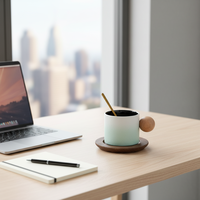 LIVEFUN Tasse à café classique au design simple et original, personnalisable avec logo, plateau en bambou, cuillère en céramique, poignée en bois, compatible micro-ondes