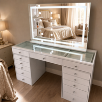 Ensemble de coiffeuse avec miroir LED à capteur tactile, boutons en cristal, plateau en verre multicolore, rangement intégré, prix usine personnalisé
