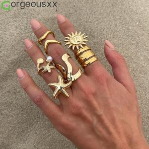 [Gorgeousxx] Conjunto de Anillos Dorados con Estrella de Mar Estilo Punk Vintage para Mujer, Anillos de Moda Bohemia, Joyería - Product Image 1