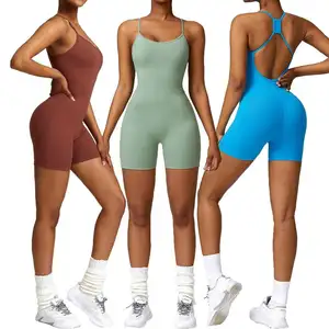 Nieuwe Aankomst Custom Sexy Lady Rompers Rib Bodycon Rekbare Zomer Een Stuk Fitness Activewear Yoga Gym Shorts Dames Jumpsuits