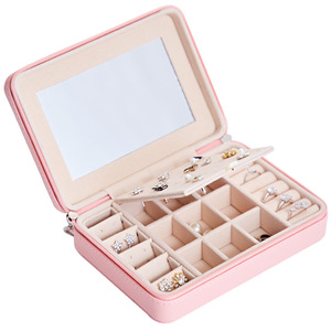 Boîte de rangement pour bijoux en cuir PU haut de gamme, écologique, avec fermeture éclair, logo personnalisé, taille personnalisée, miroir, bracelet, bague - Product Image 6
