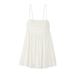 Women's French Minimalist <b>White</b> Ruched <b>Babydoll</b> Slip Dress, Sweet Petite Midi Dress - Product Image 5