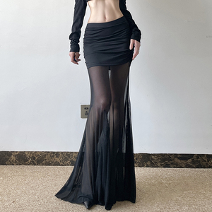Jupe longue maxi noire sexy en maille transparente patchwork pour femme, froncée, coupe ajustée, taille haute, moulante, longueur ras du sol, pour soirée - Product Image 3