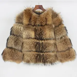 Frauen Winter Stil echte Waschbär Pelz mäntel natürliche Farbe Pelz jacken 4 Reihen Dame Pelz Mantel
