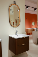 Meuble-lavabo mural cannelé avec vasque en céramique, miroir LED à cadre en bois, ensemble de meuble-lavabo flottant moderne