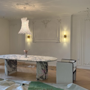 Современный Роскошный натуральный мраморный Овальный Обеденный Стол Calacatta Viola с полуциловой основой, фиолетовые прожилки, современная мебель для дома - Product Image 1