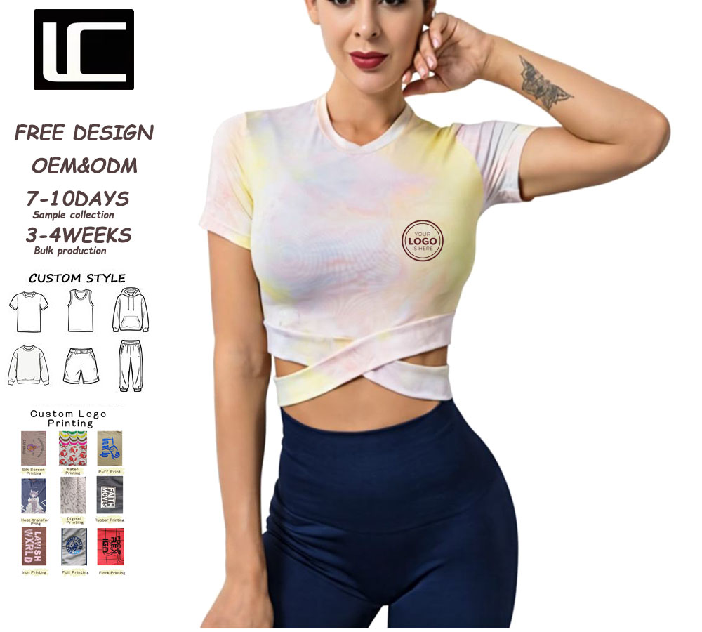 Tie Dye Printed Cropped Short Sleeve Fitness Top Quick Dry Breathable Stretchy Gym Yoga Training Sports Workout Women's T-Shirt