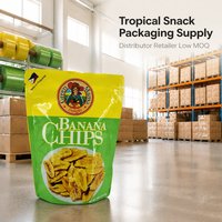 Zakje met gusseted bodem, ritssluiting, voor bananenchips, fruitchips, tropische snacks, distributeur, retailer, lage minimale bestelhoeveelheid