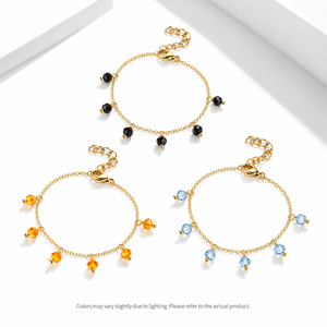 Bracelet en acier inoxydable pour femme avec perles en cristal, chaîne dorée avec pendentifs facettés bleus, oranges ou noirs, 15,5+3,5 cm - Product Image 1