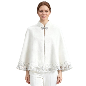 Women Elegant Faux Fur Cardigan <b>Shawl</b> Tassel Trim Sleeve Capelet Rhinestones Pearls Cloak for <b>Wedding</b> Party Outwear - Product Image 1