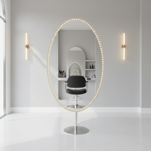 Station de coiffure avec miroir LED double face de forme ovale, construction en acier inoxydable, mobilier de salon durable pour salon de coiffure - Product Image 4