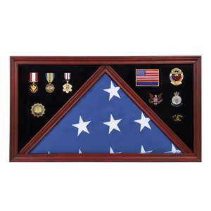 2026 vitrine de drapeau d'inhumation pour drapeau d'inhumation vétéran et médailles boîte d'ombre en bois massif avec rectangle en verre véritable acajou - Product Image 1