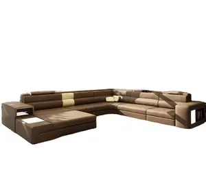 Sofa Kustom Sudut Ruang Tamu, Mebel Modern Kulit Asli Bentuk L Nyaman