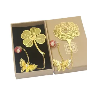 Großhandel Leaf Metal Lesezeichen als exquisite Geschenk Klee Gold Messing Lesezeichen mit Quaste für Bücher