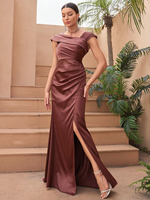 Robe de soirée formelle en satin haut de gamme, asymétrique, sans manches, plissée, ajustée, avec fente haute, pour dîners, mariages et fêtes
